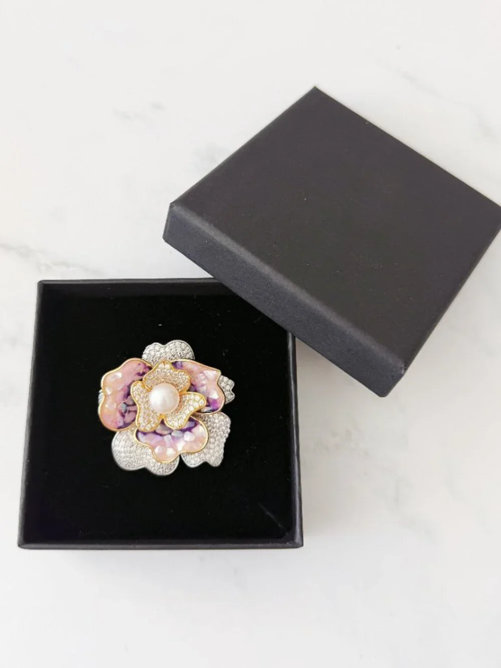 Pink & Purple Rhinestone Flower Brooch Pin with Pearl-Style Center, Silver Tone